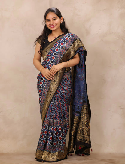 Indigo Ajrakh Handblock printed Dola Silk Saree | Looms & Tassels