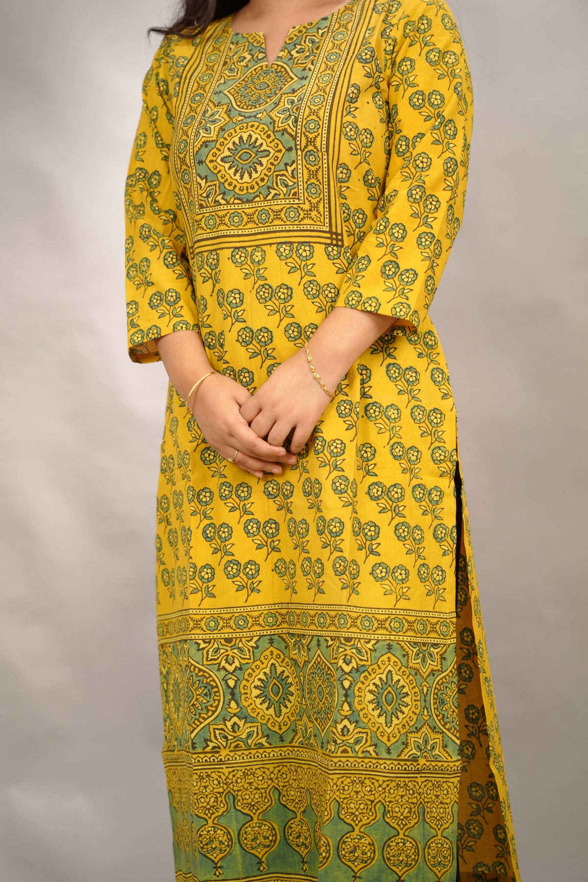 Mustard Yellow Ajrakh Pattern Hand Block printed Kurti | Looms & Tassels