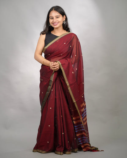 Maroon Narayanpet Cotton Saree With Butta Weaving | Looms & Tassels