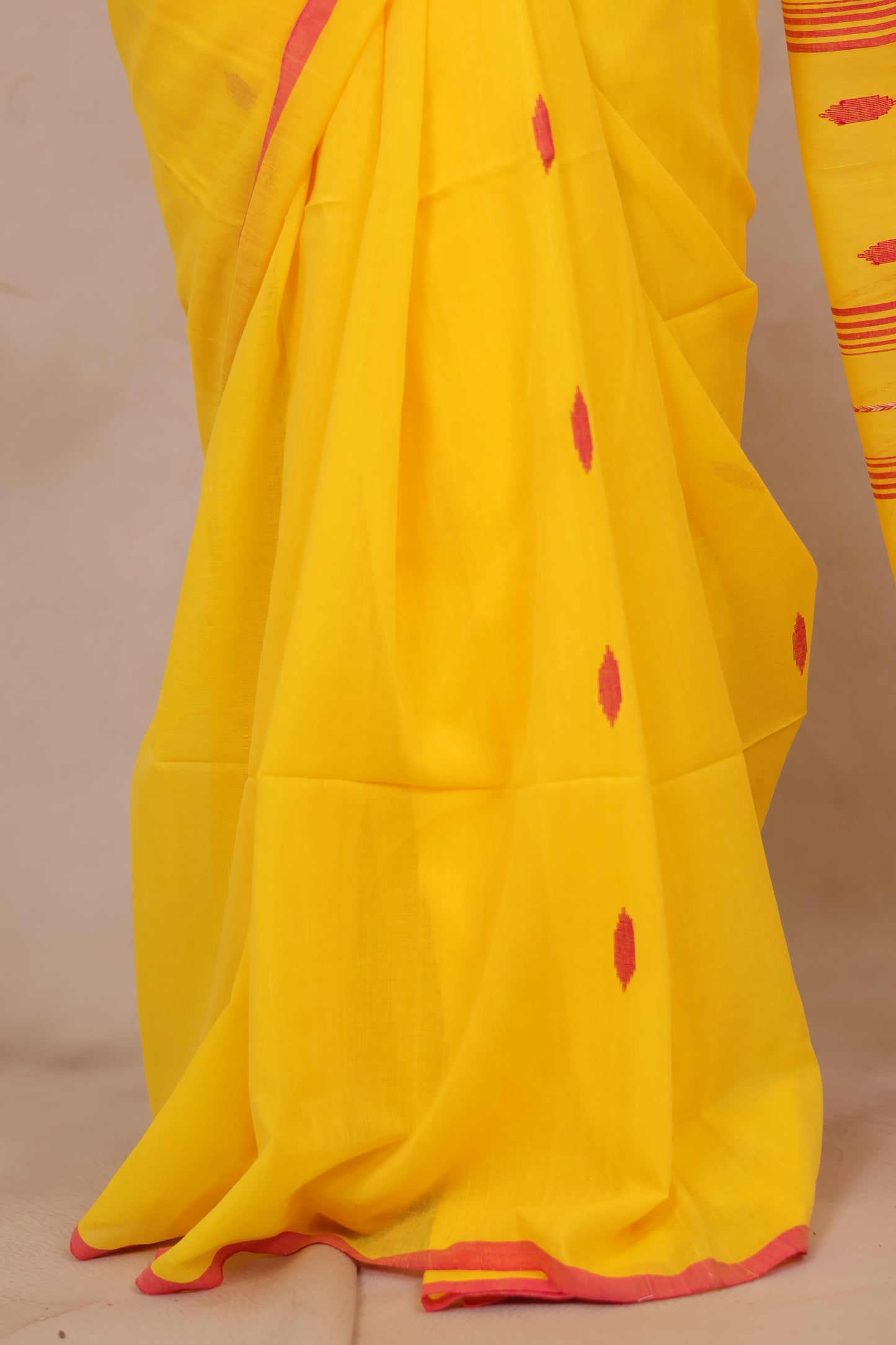 Yellow Handwoven Malai Cotton Saree| Looms & Tassels