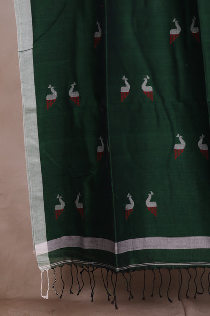 Green Malai Cotton Saree with Peacock Butta Weaving | Looms & Tassels