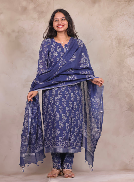 Indigo Linen Cotton Handblock printed 3 piece suit (stitched)