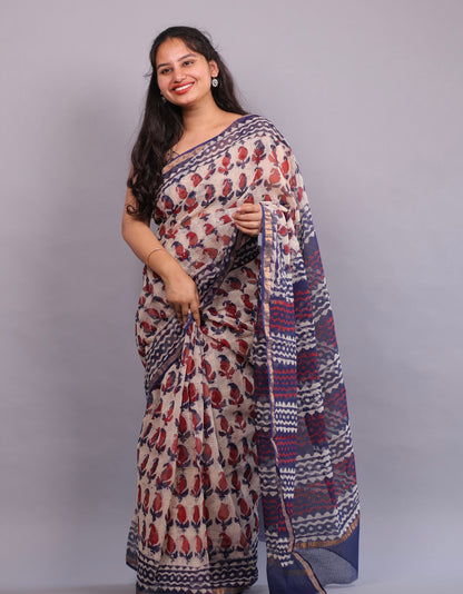 Pure Kota Doria Saree with Bagru Handblock Prints – Maroon & Blue | Looms&Tassels