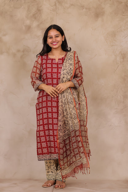 Maroon Handblock printed kota 3 piece suit (stitched)