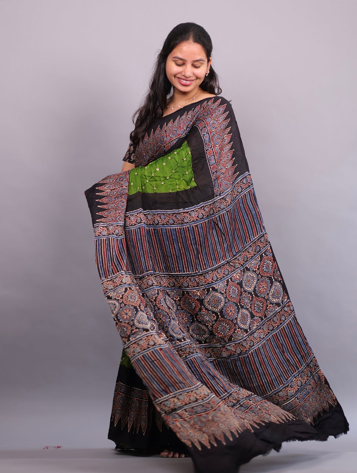 Parrot Green Hand Knotted Ajrakh Bandhej Modal Silk Saree | Looms & Tassels