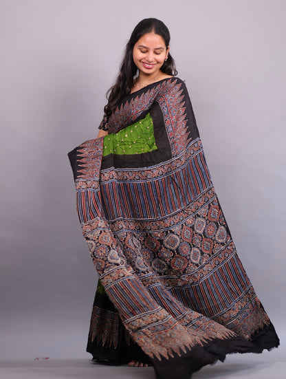 Parrot Green Hand Knotted Ajrakh Bandhej Modal Silk Saree | Looms & Tassels
