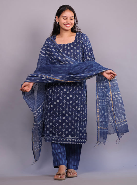 Indigo Handblock printed kota 3 piece suit (stitched)