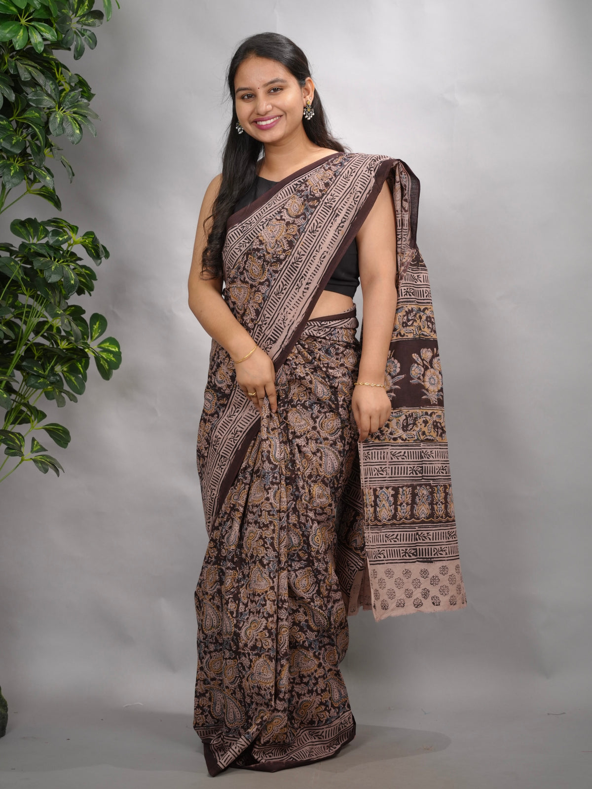 Brown Hand Block Printed Kalamkari Cotton Saree | Looms & Tassels