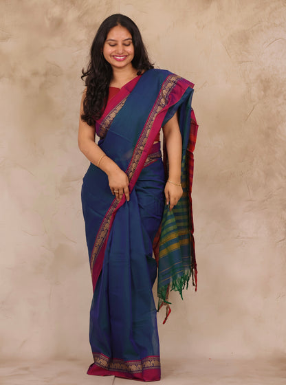 Peacock Blue Narayanpet Cotton Saree with Elephant Border | Looms & Tassels