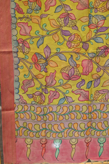 Yellow Pen Kalamkari chennur silk duppata