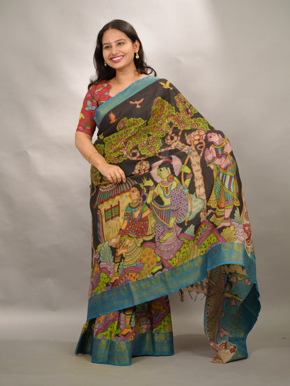 Black Hand Drawn Pen Kalamkari Bangalore Silk Kanchi Border Saree | Looms & Tassels