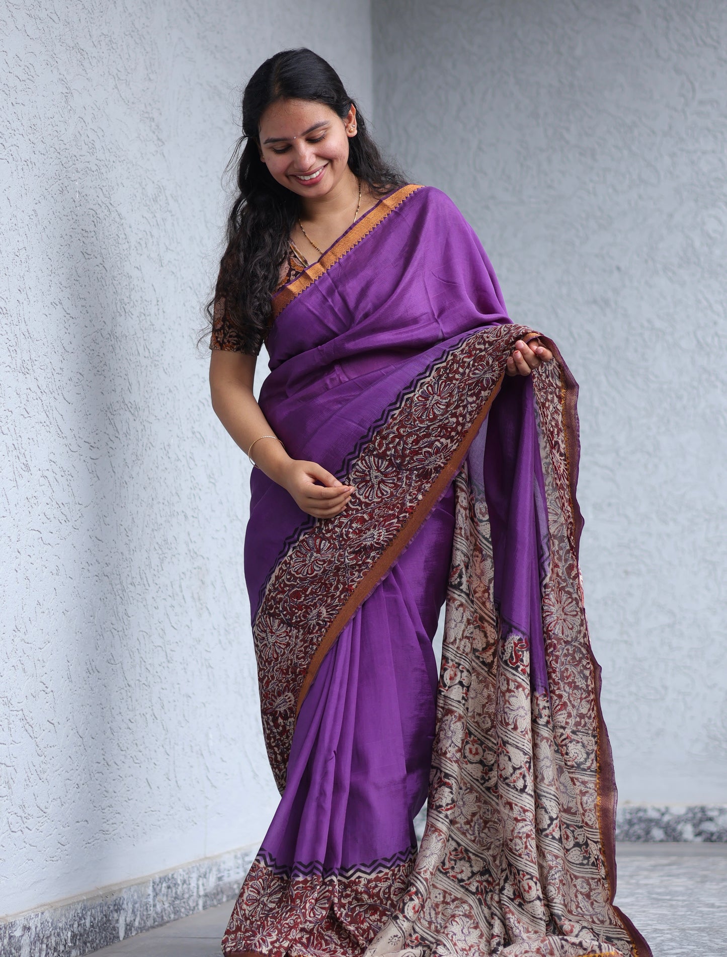 Violet Kalamkari dyeing premium chennur silk with hand block print saree