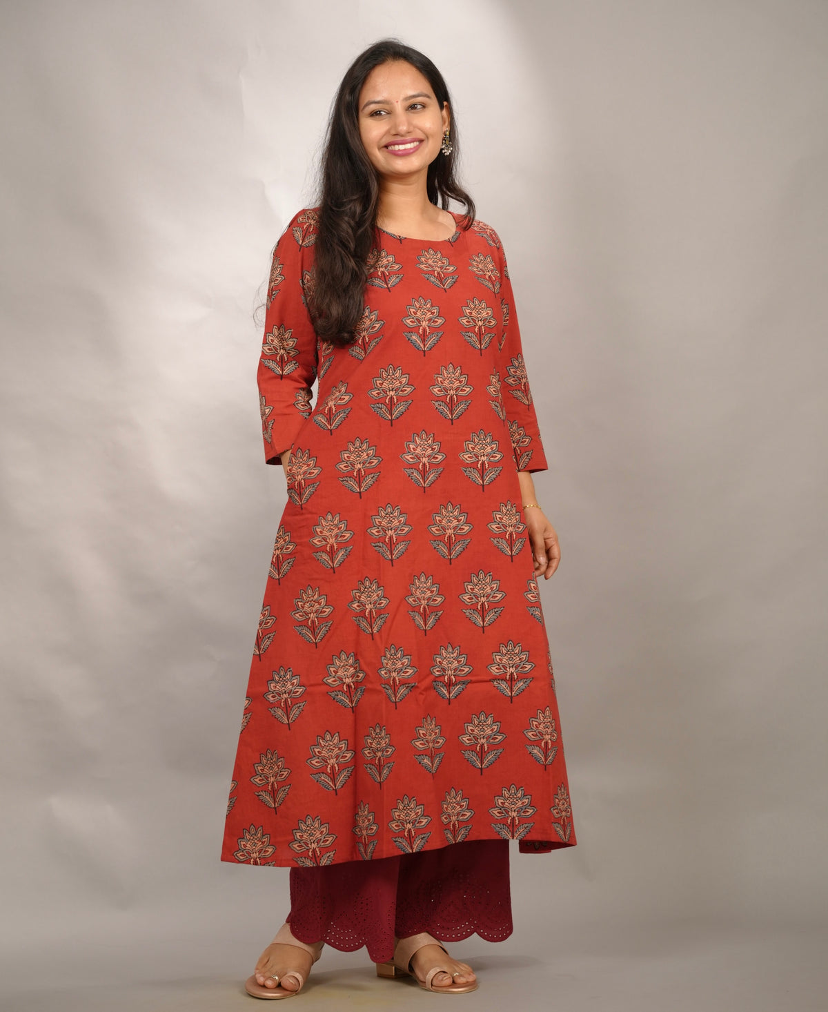 Red Ajrakh Hand Block Printed Pure Mul Cotton A-line Kurta | Looms & Tassels