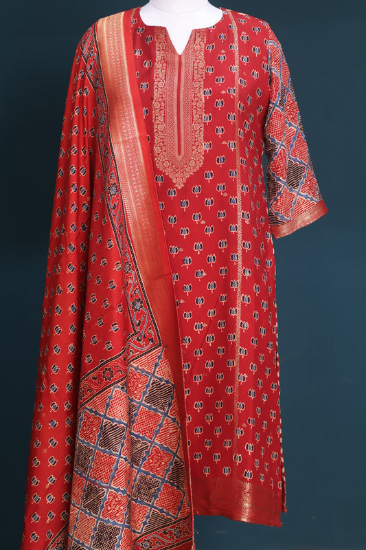 Handblock printed Ajrakh dola silk 2 piece suit (stitched)