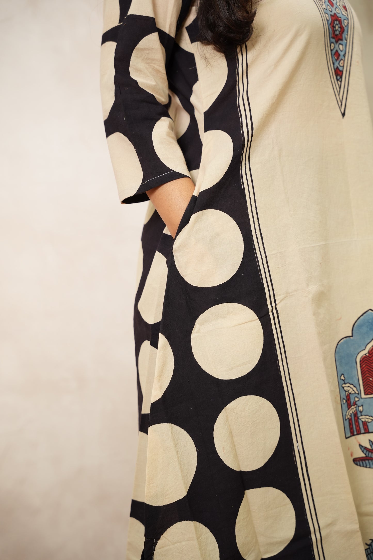 Cream Ajrakh Pattern Hand Block printed Aline Kurti | Looms & Tassels