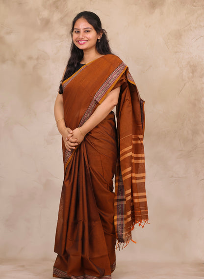 Mustard Narayanpet Cotton Saree | Looms & Tassels