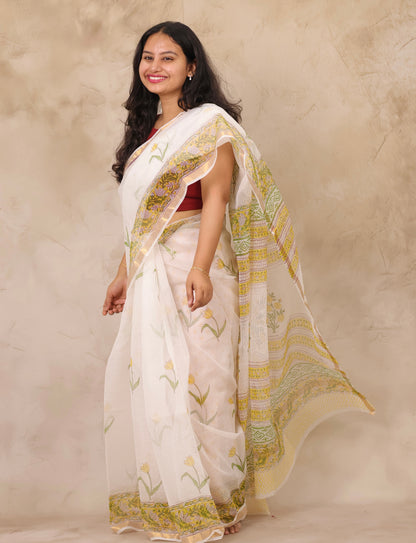 White Pure Kota Doria Saree with Bagru Handblock Prints | Looms & Tassels