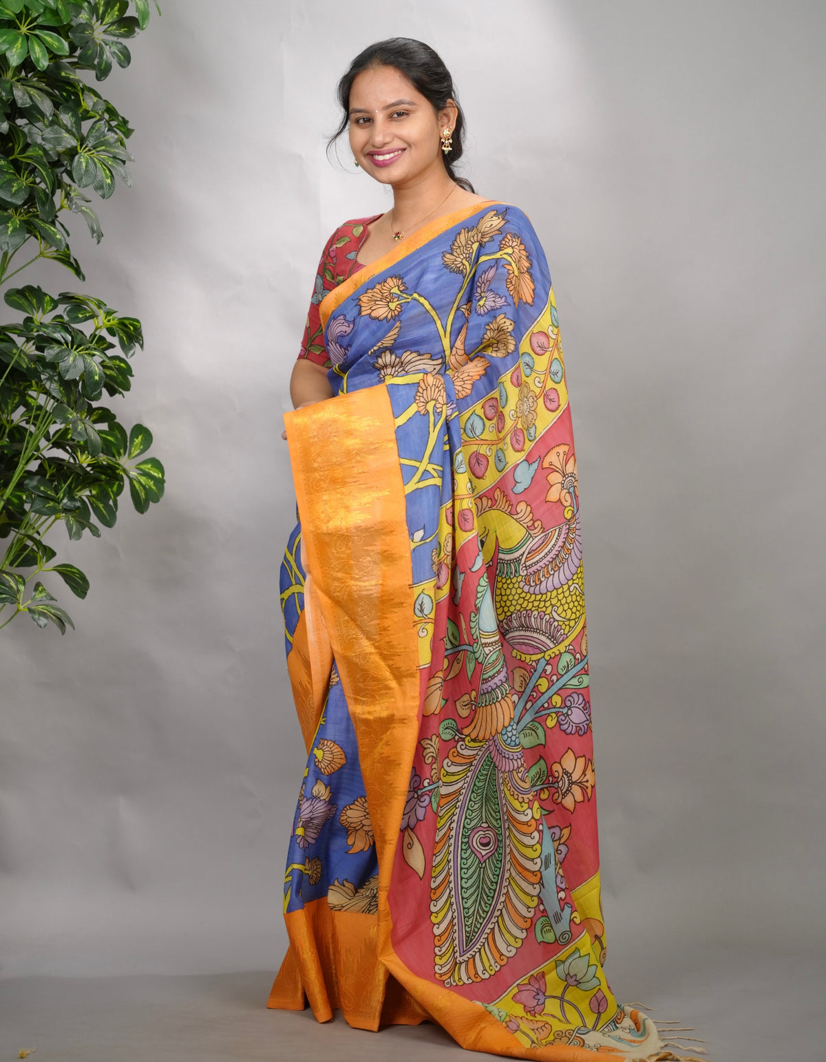 Blue Hand Drawn Pen Kalamkari Bangalore Silk Kanchi Border Saree | Looms & Tassels