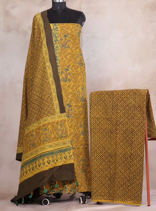Yellow Ajrakh Handblock Printed Pure Cotton 3 piece suit set | Looms & Tassels