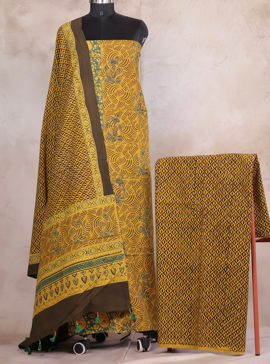 Yellow Ajrakh Handblock Printed Pure Cotton 3 piece suit set | Looms & Tassels