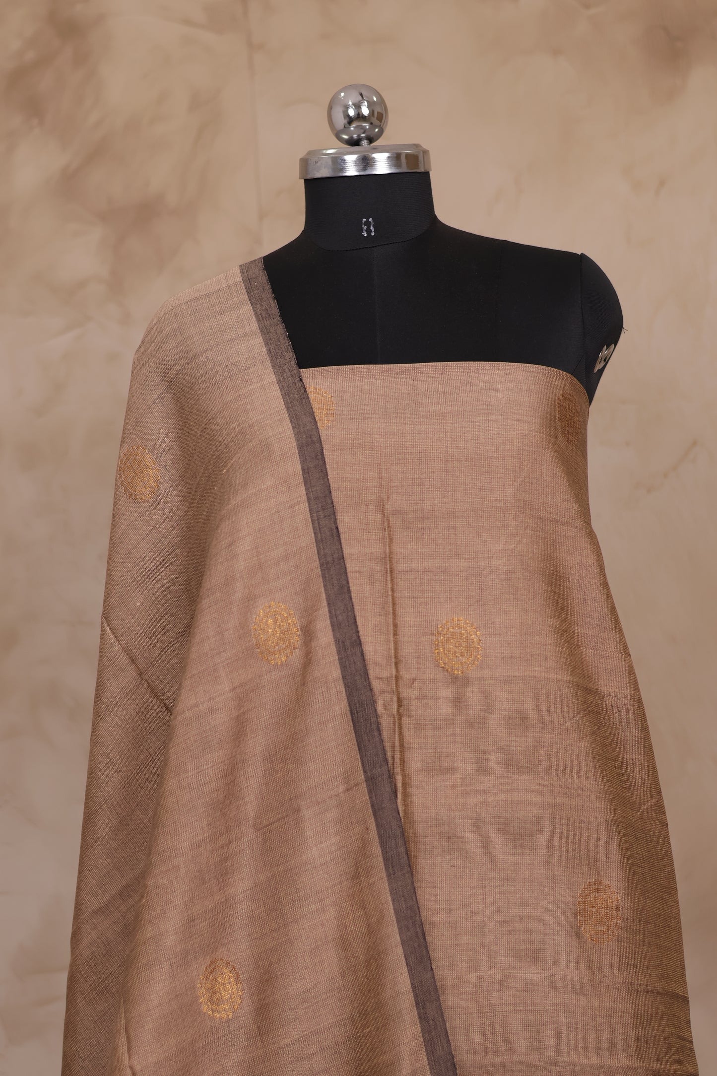 Beige Handwoven Jamdhani weaving Tissue Linen 2 piece suit sets | Looms & Tassels