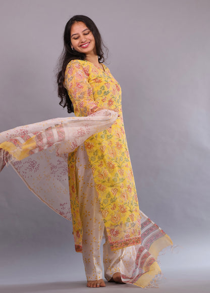 Yellow Handblock printed kota 3 piece suit (stitched)