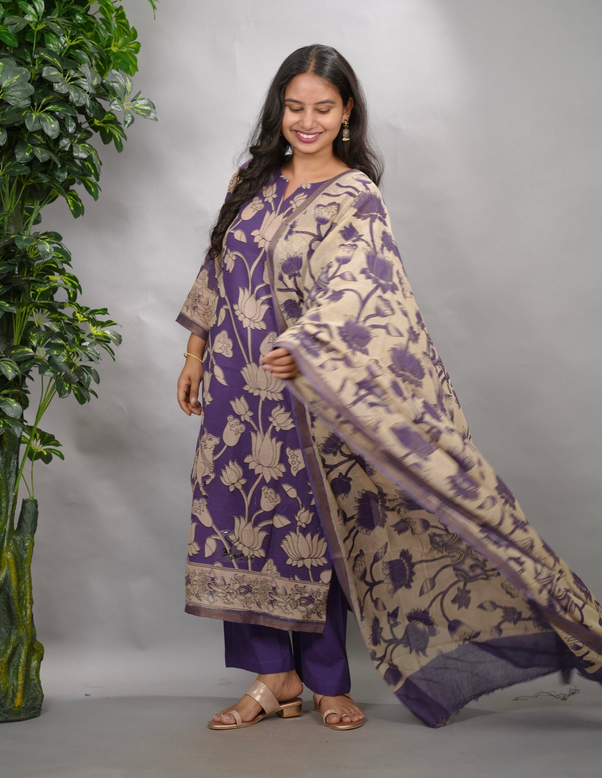 Purple Kalamkari Kota Cotton 3 piece suit (stitched) | Looms & Tassels