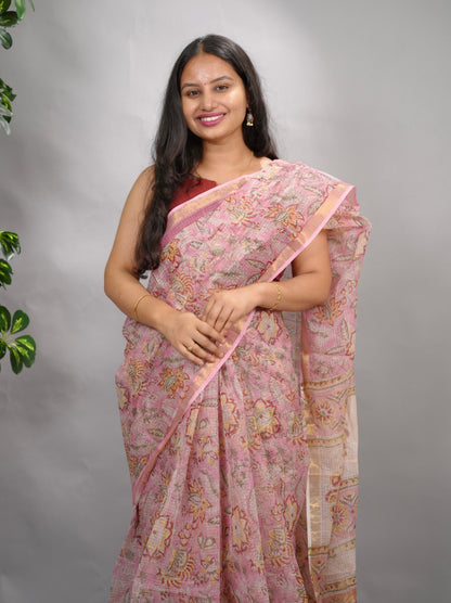 Baby Pink Pure Kota Doria Saree with Bagru Handblock Prints