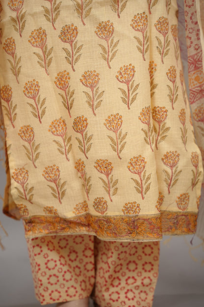 Cream Handblock printed kota 3 piece suit (stitched)| Looms & Tassels
