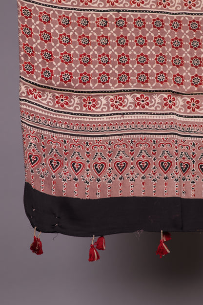 Ajrakh Hand Block Printed Modal Silk Stole | Looms & Tassels