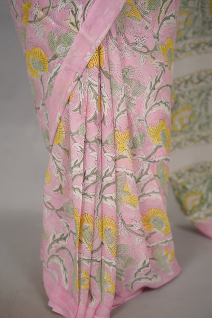 Pastel Pink Georgette Hand Block Printed Saree| Looms & Tassels