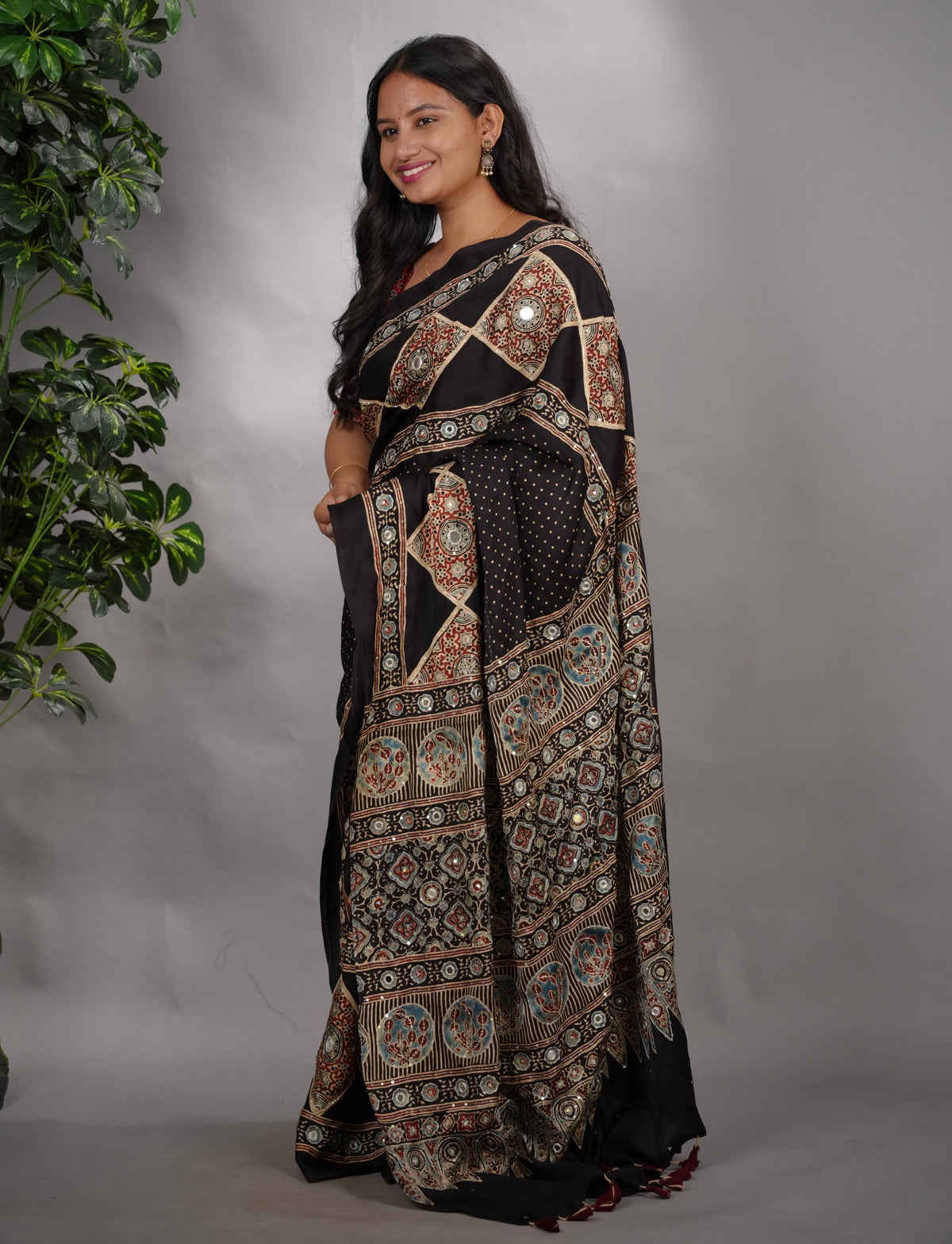 Black Ajrakh Modal Silk Hand Embroidery Saree  | Looms & Tassels