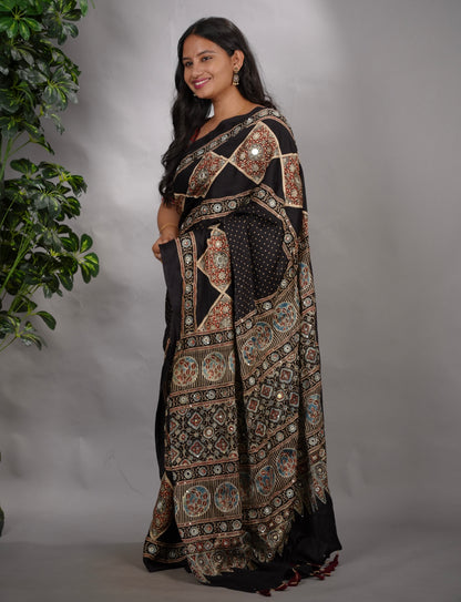 Black Ajrakh Modal Silk Hand Embroidery Saree  | Looms & Tassels