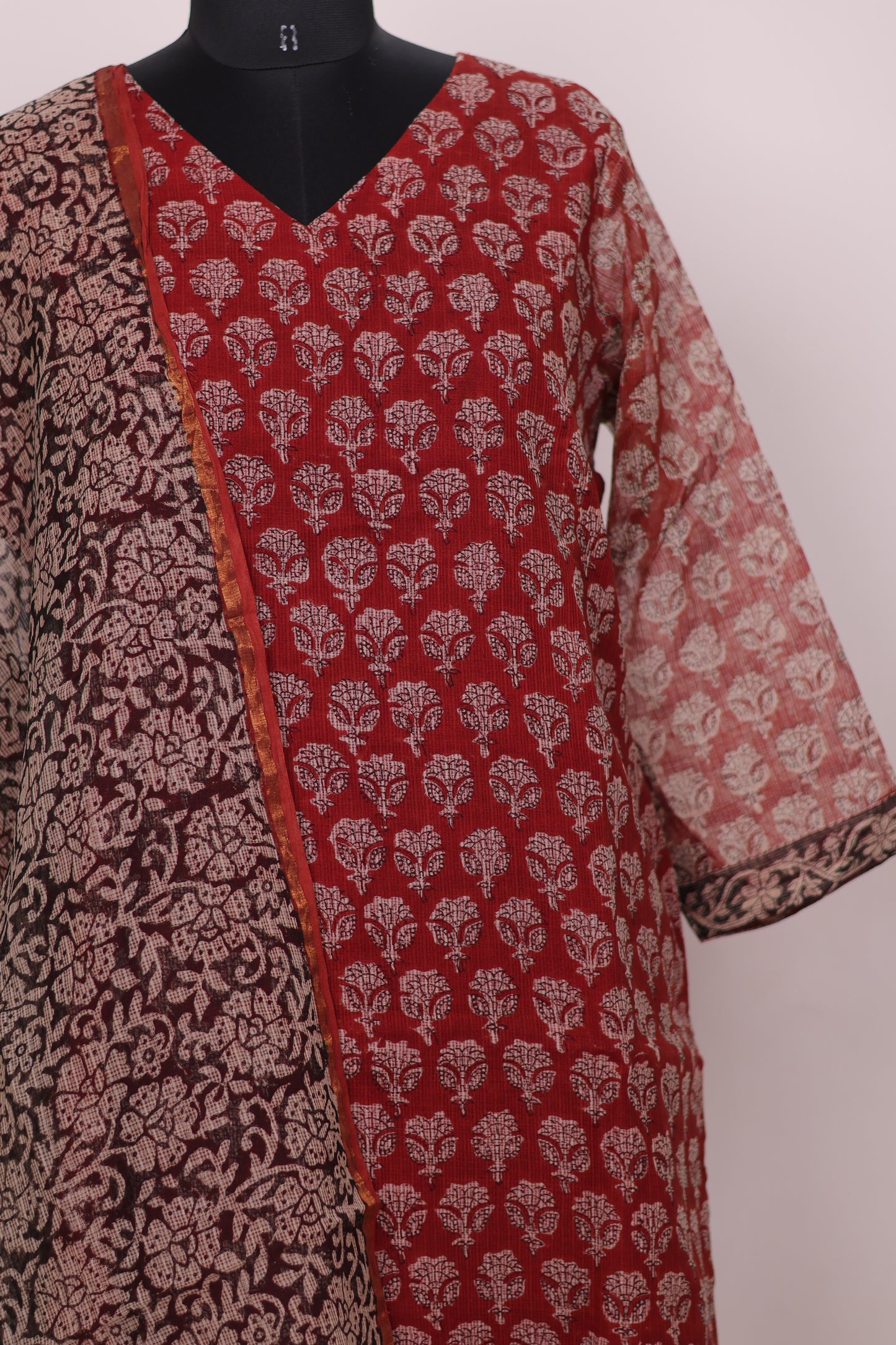 Maroon Handblock printed kota 3 piece suit (stitched)
