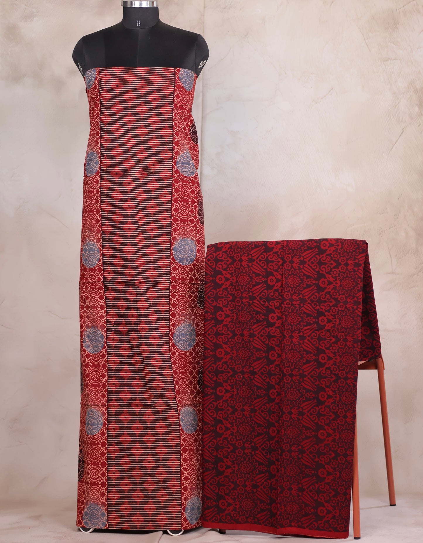 Maroon Ajrakh Handblock Printed Pure Cotton 3 piece suit set | Looms & Tassels