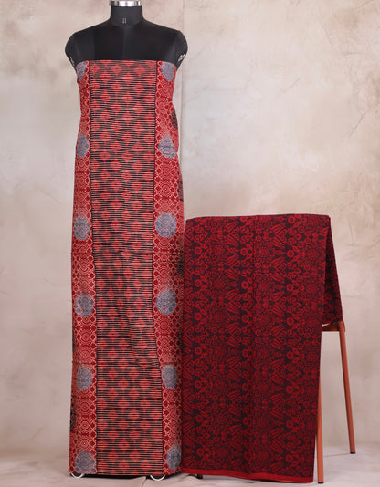 Maroon Ajrakh Handblock Printed Pure Cotton 3 piece suit set | Looms & Tassels