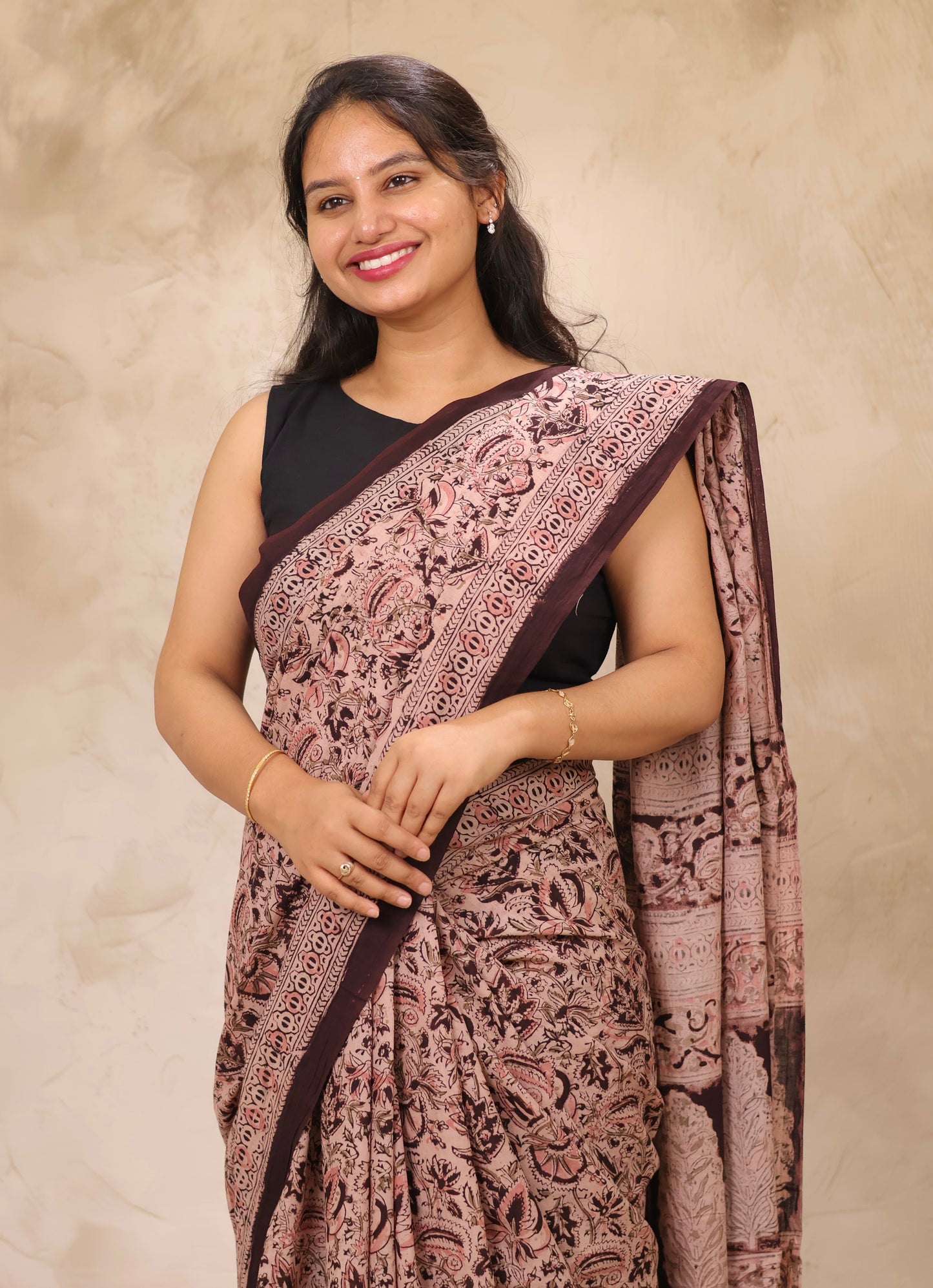 Cream Hand Block Printed Kalamkari Cotton Saree | Looms & Tassels
