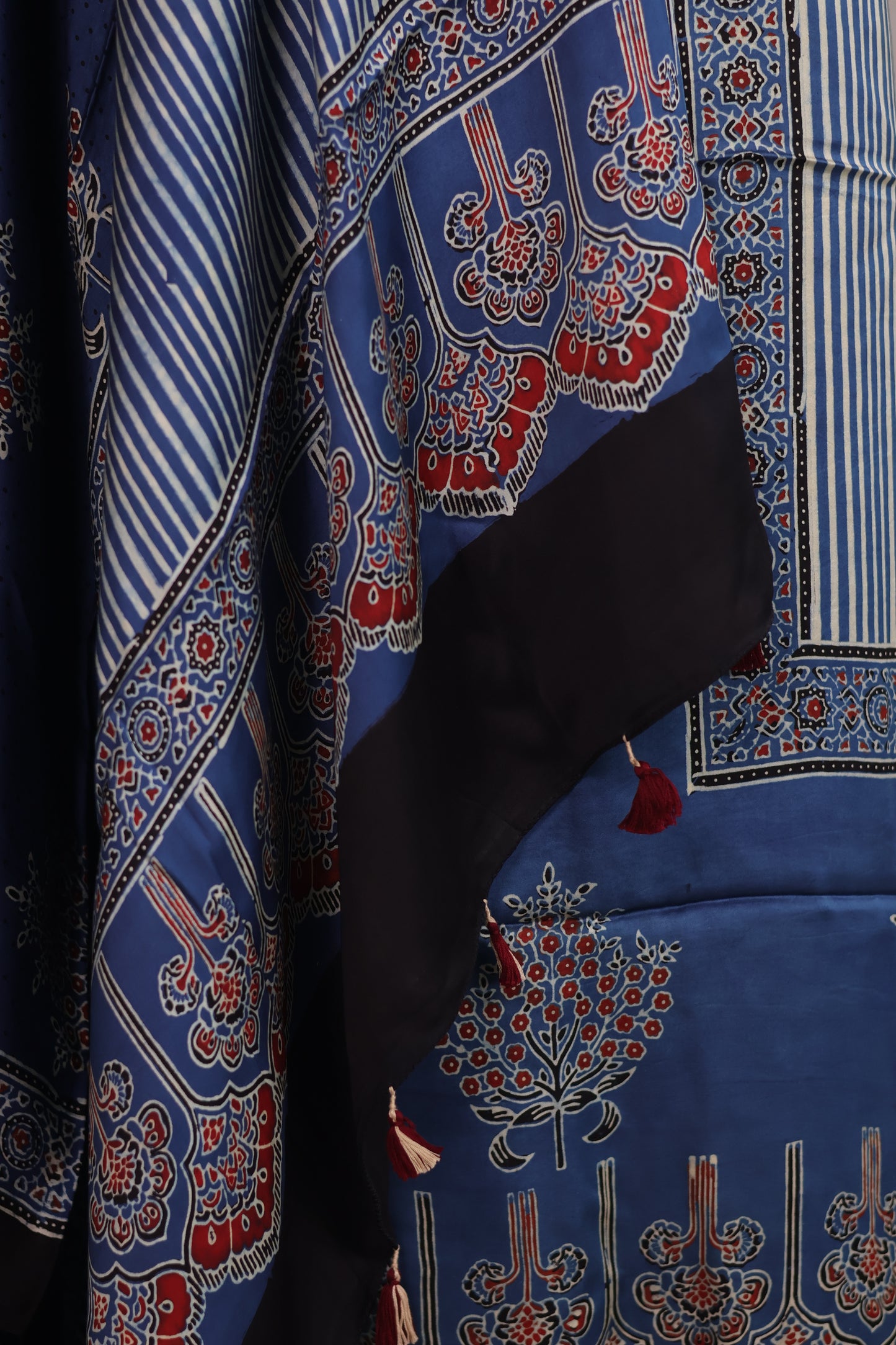 Indigo Floral & Contemporary Ajrakh Handblock Printed Modal Silk 2 Piece Suit Set | Looms & Tassels