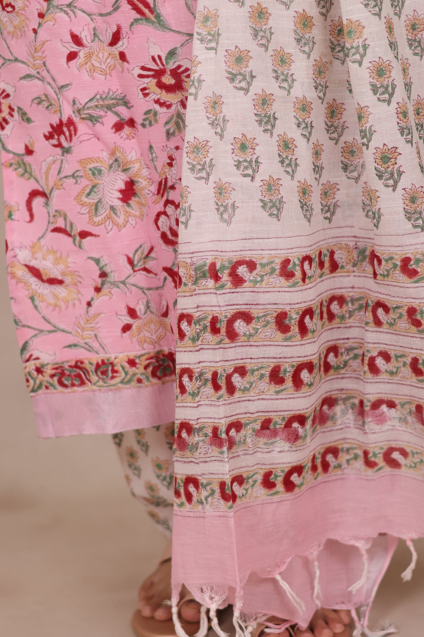 Baby Pink Linen Cotton Handblock printed 3 piece suit (stitched)