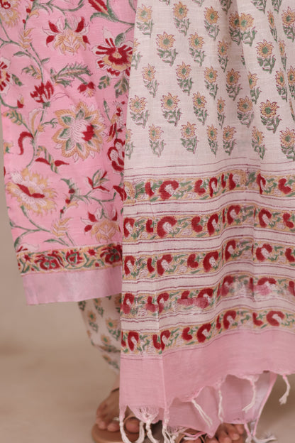 Baby Pink Linen Cotton Handblock printed 3 piece suit (stitched)