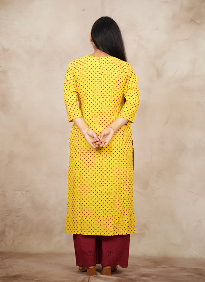 Yellow Ajrakh Pattern Hand Block printed Kurti | Looms & Tassels