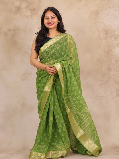 Green Chiffon Hand Block Printed Saree with Jari Border | Looms & Tassels