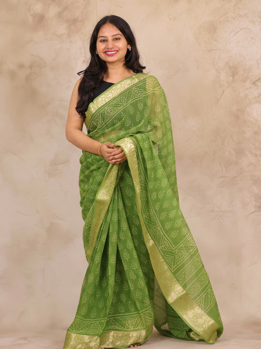 Green Chiffon Hand Block Printed Saree with Jari Border | Looms & Tassels