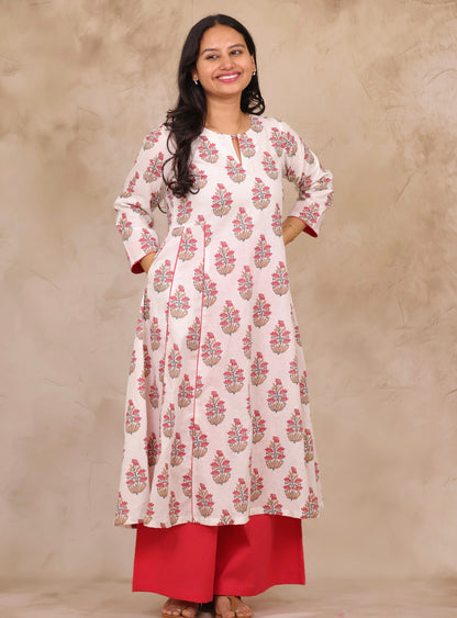 Off White Floral Mul Cotton Kurta with Red Palazzo Set | Looms & Tassels