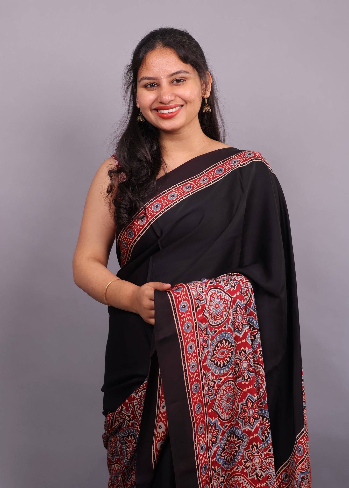 Authentic Ajrakh Handblock Printed Modal Silk Saree | Looms & Tassels