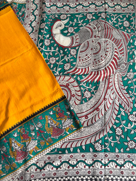 Yellow & green Kalamkari dyeing premium chennur silk saree