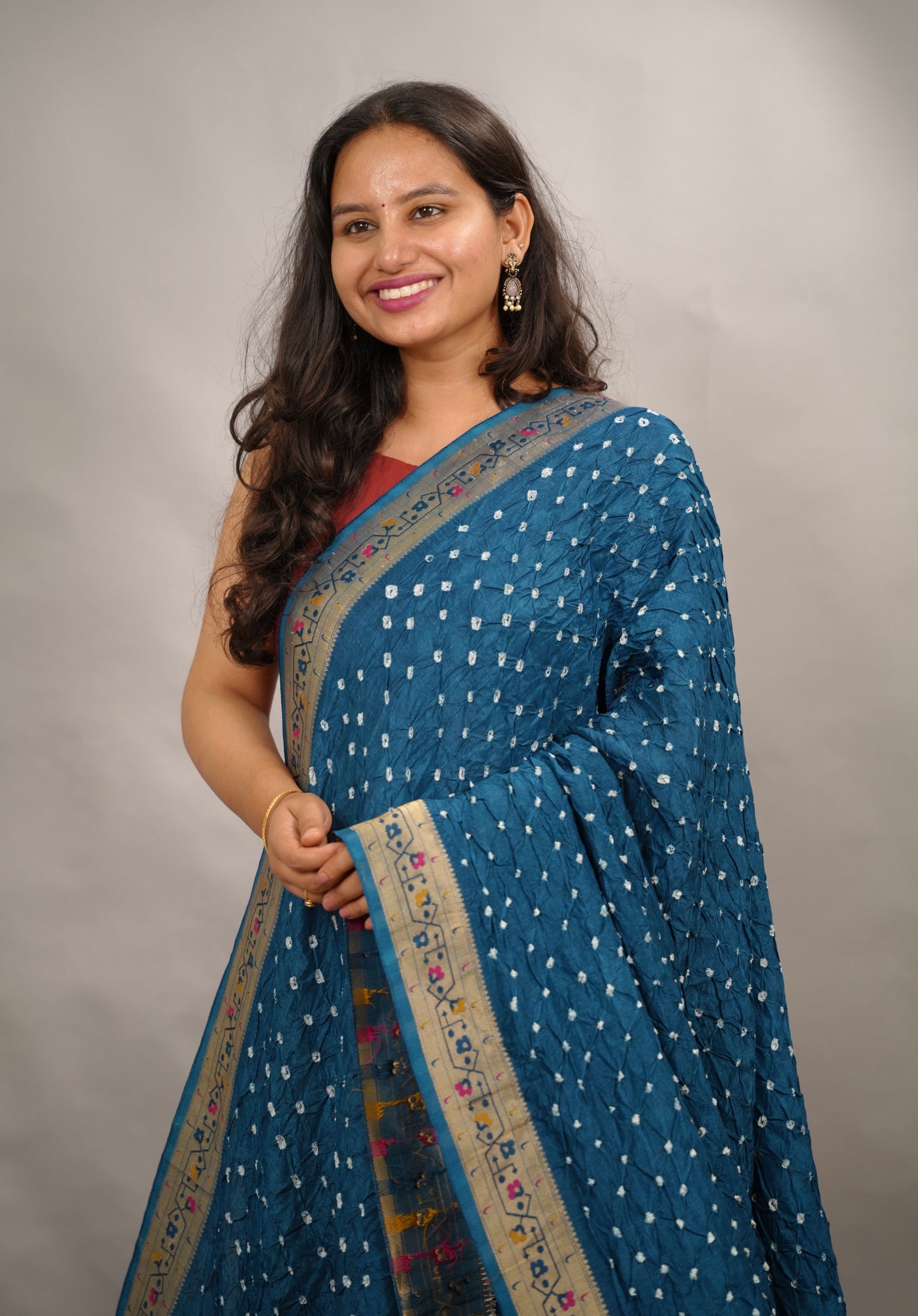 Cyan Blue Handcrafted Bandhani Paithani Dola Silk Saree | Looms & Tassels