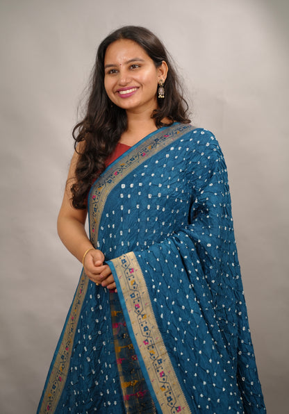 Cyan Blue Handcrafted Bandhani Paithani Dola Silk Saree | Looms & Tassels