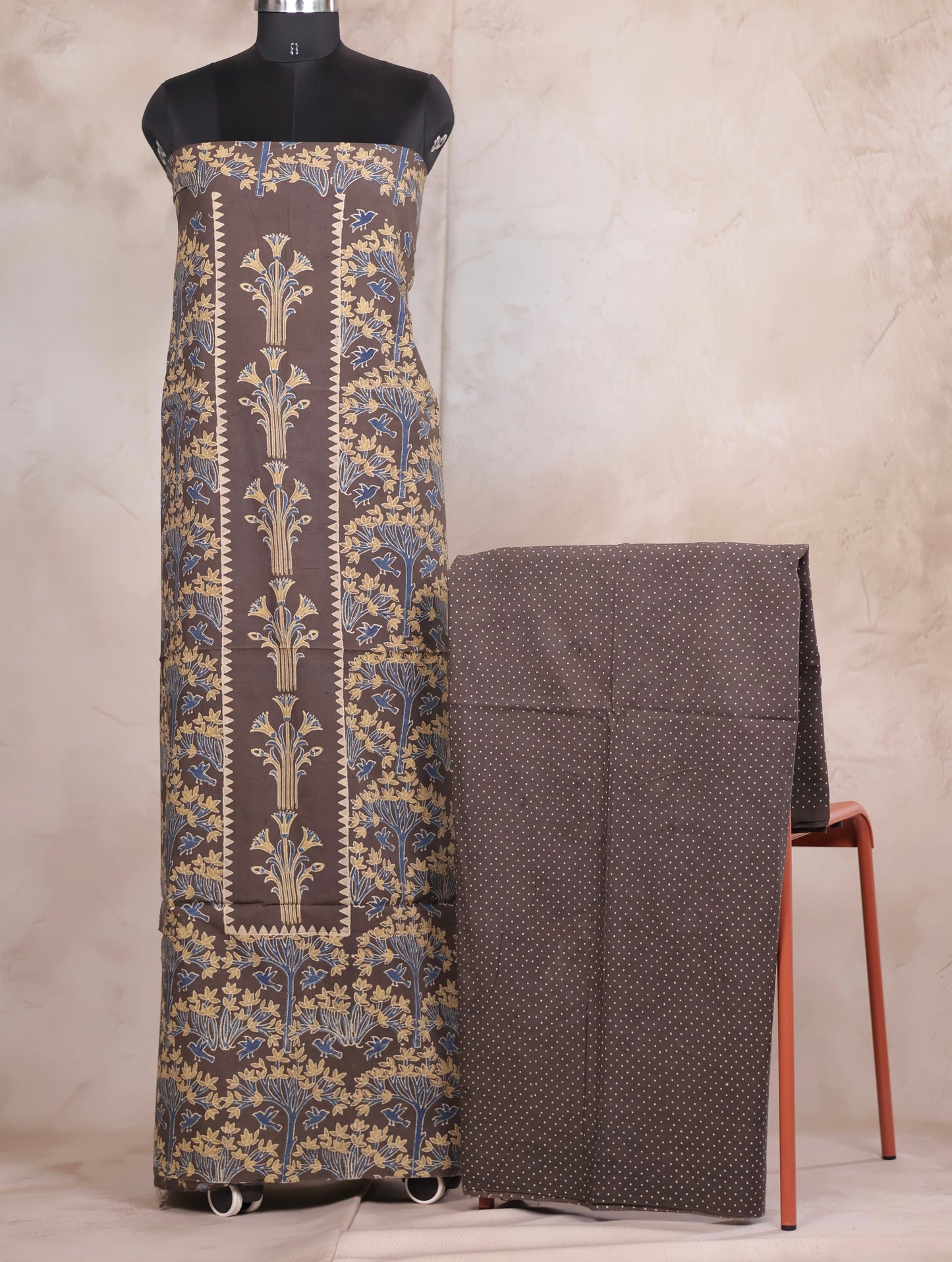 Grey Ajrakh Handblock Printed Pure Cotton 3 piece suit set | Looms & Tassels