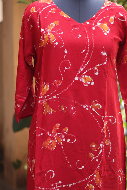 Red Hand drawn Batik silk Kurti